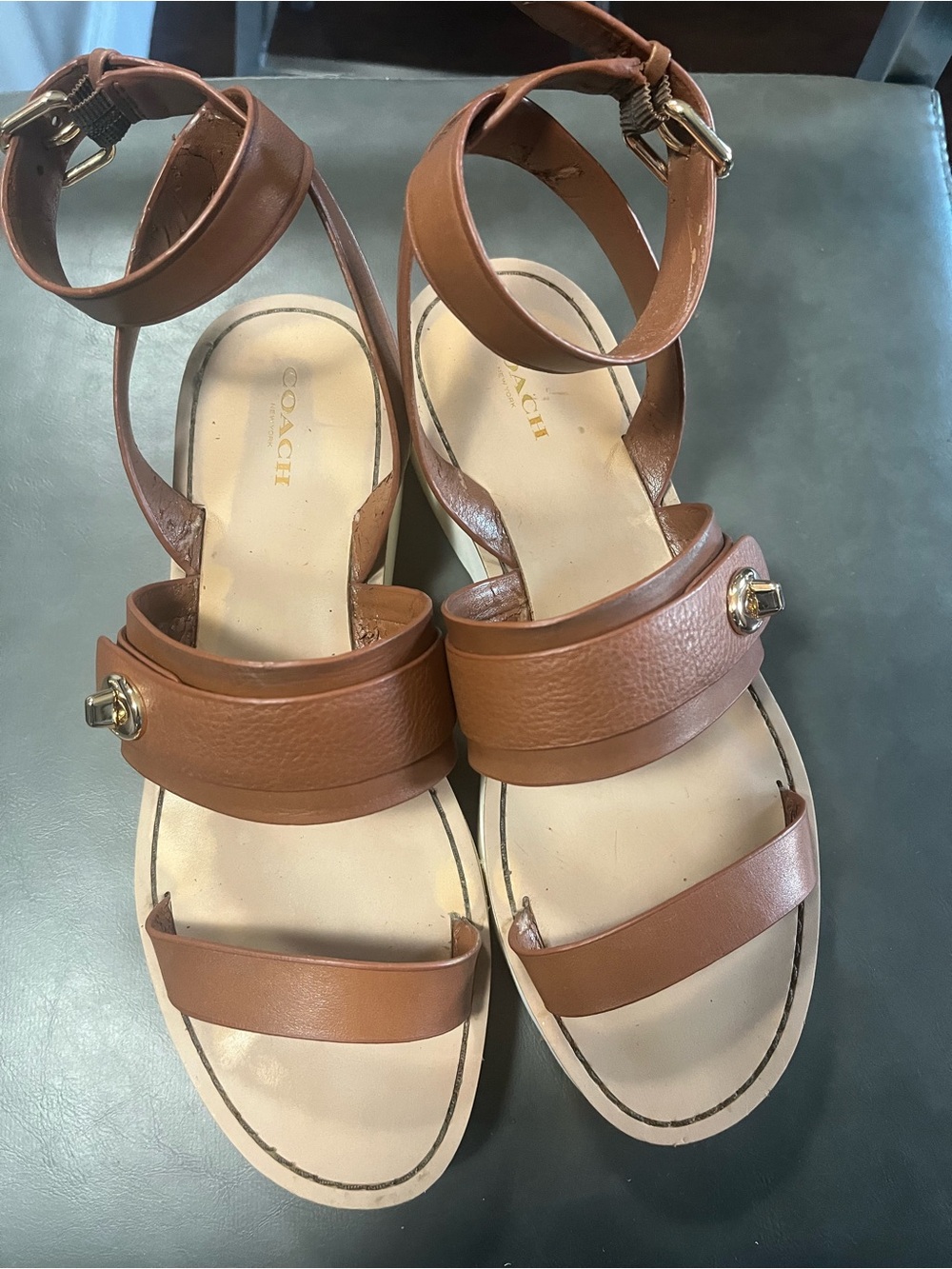 Coach Tan Brown Leather Ankle-Strap Sandals with Gold Hardware